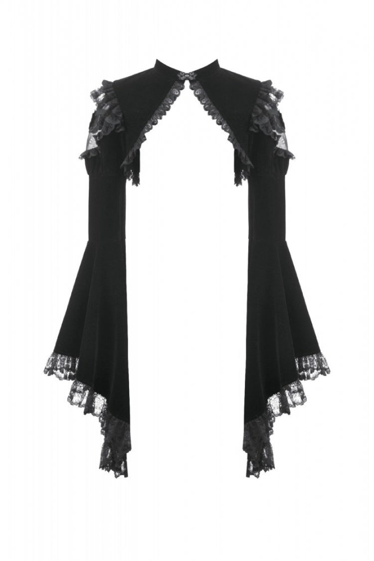 Black Ruffled Lace Long Trumpet Sleeves Floral Sheer Mesh Spliced Velvet Women's Gothic Cape - Product - 3