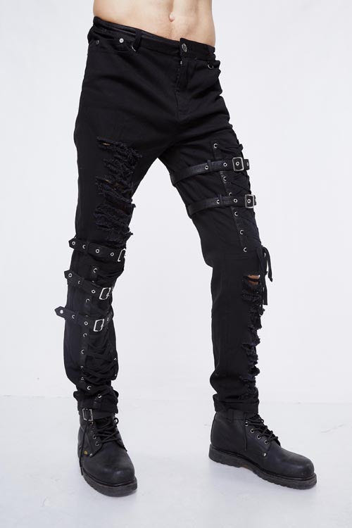 Black Asymmetric Loops Ragged Punk Rock Broken Holes Bandage Mens Pants - Product - 2