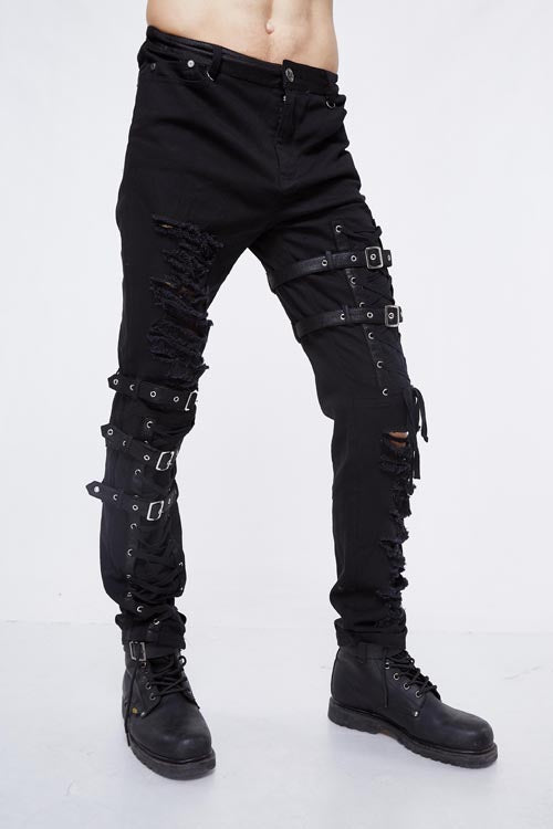 Black Asymmetric Loops Ragged Punk Rock Broken Holes Bandage Mens Pants - Product - 2