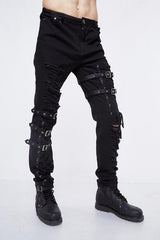 Black Asymmetric Loops Ragged Punk Rock Broken Holes Bandage Mens Pants - Product - 2