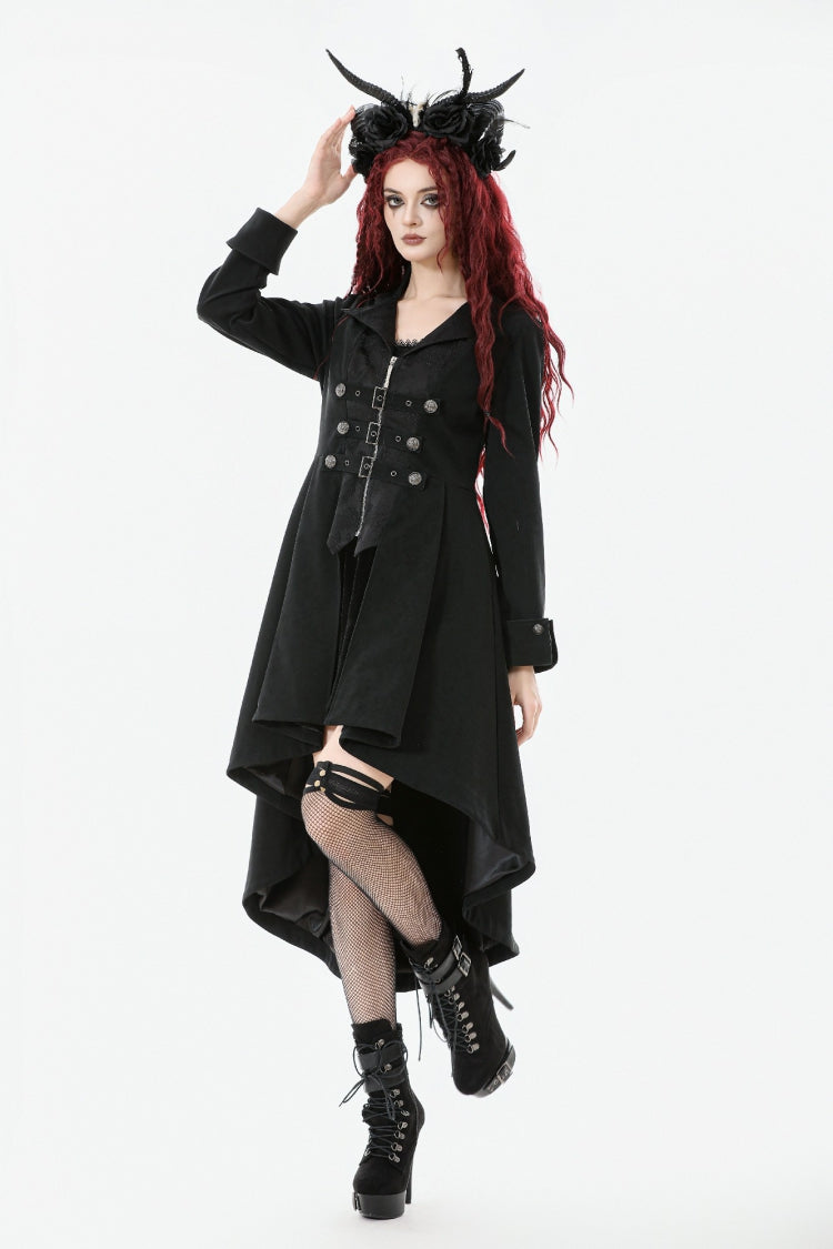 Black Lapel Collar Long Sleeves Lace-Up Irregular Bouble-breasted Buckle-up Women's Gothic Coat - Product - 9