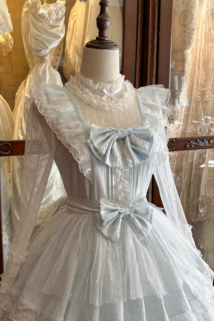 Blue [Aegean] Square Collar Flutter Sleeves Multi-Layered Ruffled Bow Sweet Lolita Jsk Dress Set - Product - 12