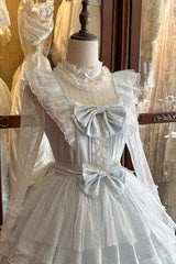 Blue [Aegean] Square Collar Flutter Sleeves Multi-Layered Ruffled Bow Sweet Lolita Jsk Dress Set - Product - 12