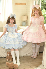 Pink [Petal Bunny] Cotton Square Collar Short Sleeves Double-Layered Ruffled Bow Lace Lace-Up Sweet Lolita Dress - Product - 26