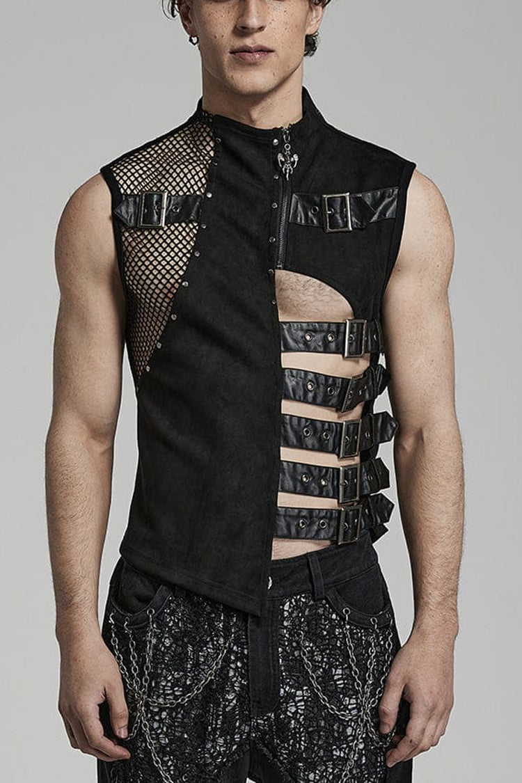 Black Sleeveless Hollow Suede Leather Stitching Irregular Mens Gothic Vest - Black - 1