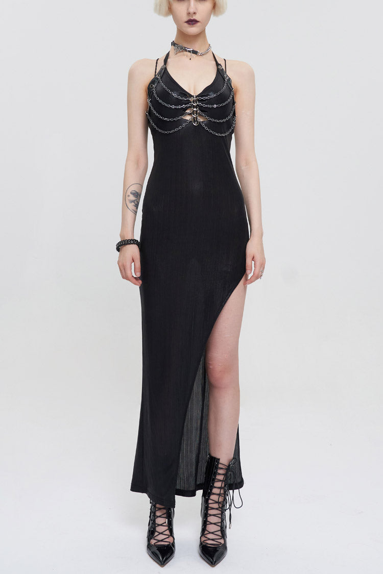 Black Chest Cutout Chain Halter Neck Lace High Slit Long Women's Punk Dress - Black - 1