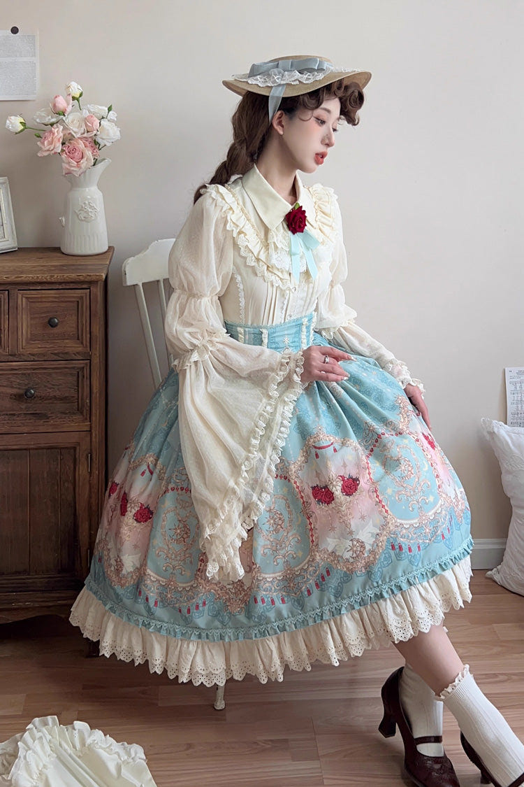 Blue [Moonlit Garden Secret] Print Ruffle Embroidery Lace Sweet Elegant Palace Lolita Skirt - Product - 5