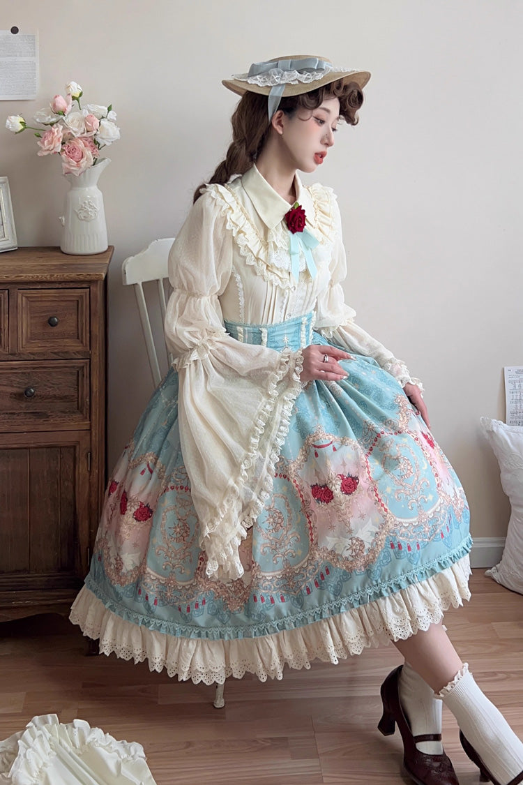 Blue [Moonlit Garden Secret] Print Ruffle Embroidery Lace Sweet Elegant Palace Lolita Skirt - Product - 5