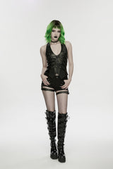 Black Halterneck Slim Studded Zippered Women's Punk Vest - Product - 11