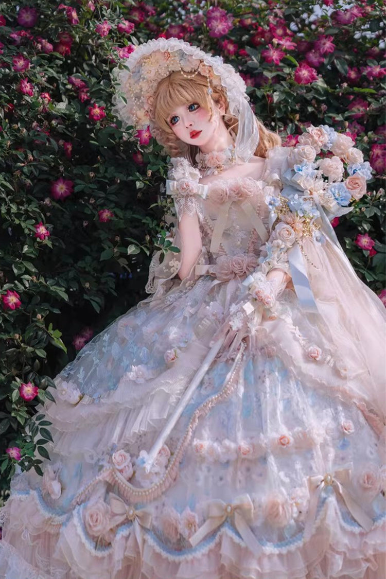 Blue/Pink [Rose Blossom Banquet] Multi-Layered Printed Ruffled Hanayome Bow Lace Sweet Plus Size Princess Gorgeous Lolita Dress - Product - 4