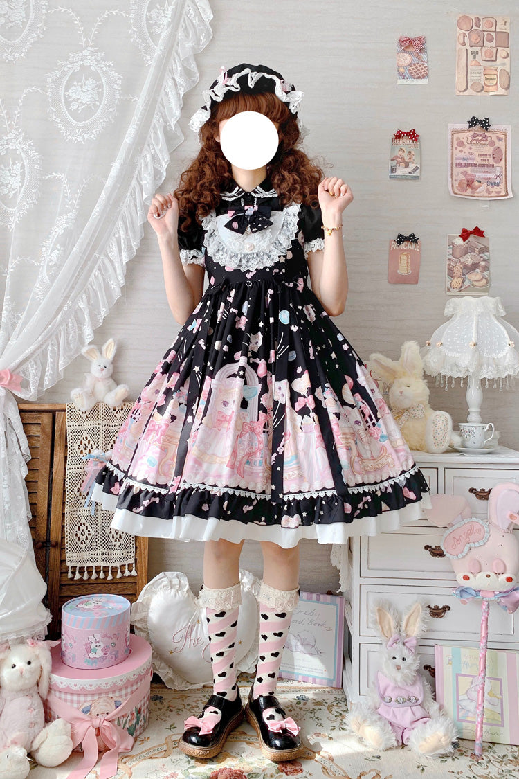 Black/Pink Cute Cat Print High Waisted Ruffle Bowknot Sweet Princess Lolita JSK Dress - Product - 9