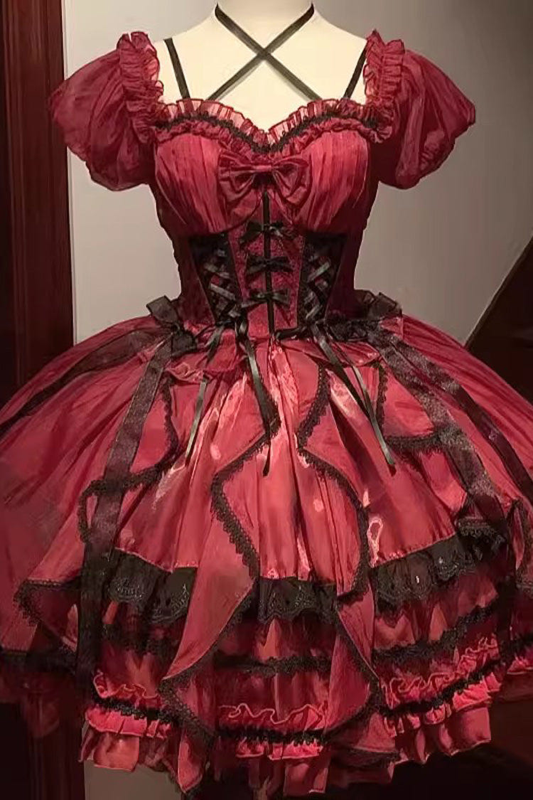 Glaze Fantasy Short Sleeves Ruffle Embroidery Bowknot Sweet Lolita Op Dress 6 Colors - Red