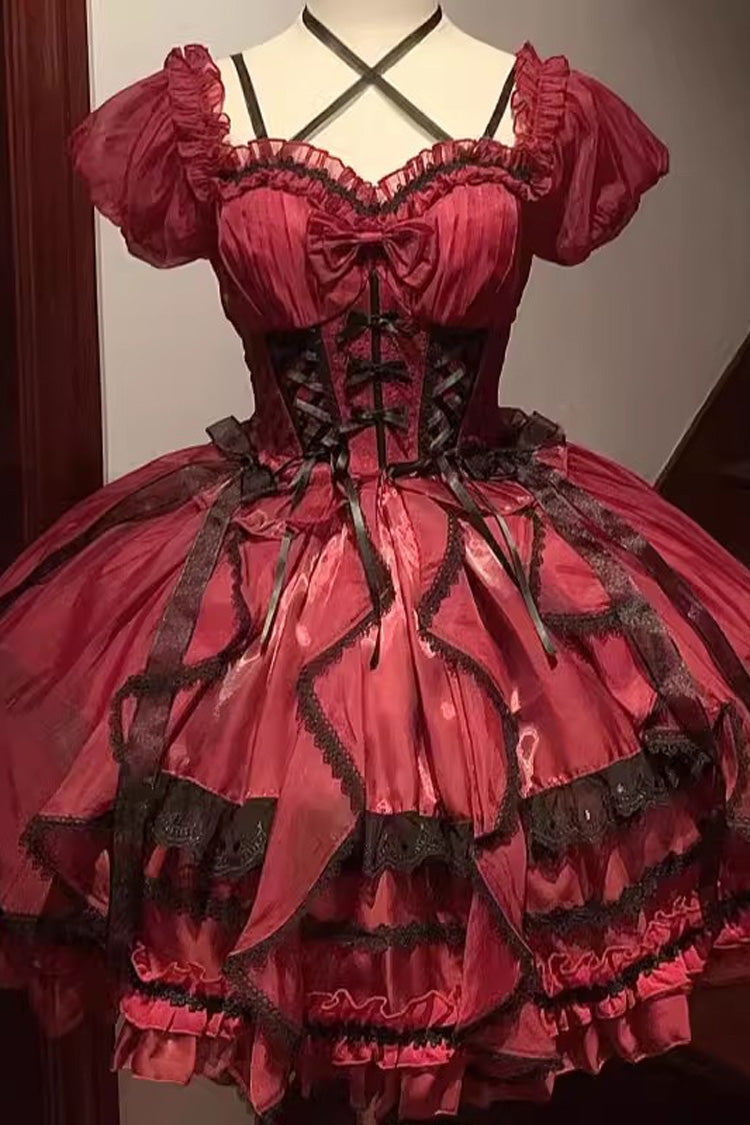 Glaze Fantasy Short Sleeves Ruffle Embroidery Bowknot Sweet Lolita Op Dress 6 Colors - Red