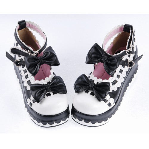Black & White Romantic PU Round Toe Ankle Straps Bow Decoration Platform Lolita Shoes - Product - 4