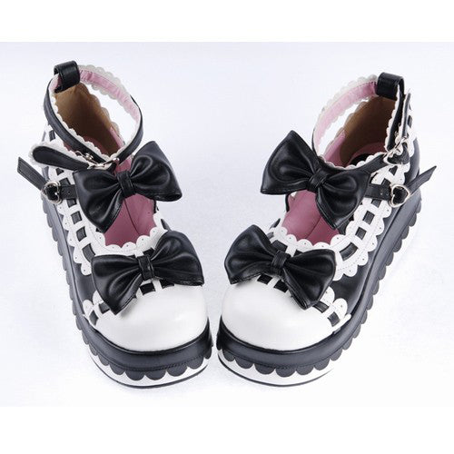 Black & White Romantic PU Round Toe Ankle Straps Bow Decoration Platform Lolita Shoes - Product - 4