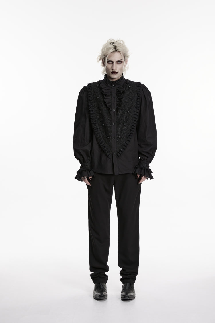 Black Stand Collar Long Puff Sleeves Embroidered Lace Men's Shirt - Black - 5