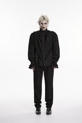 Black Stand Collar Long Puff Sleeves Embroidered Lace Men's Shirt - Black - 5