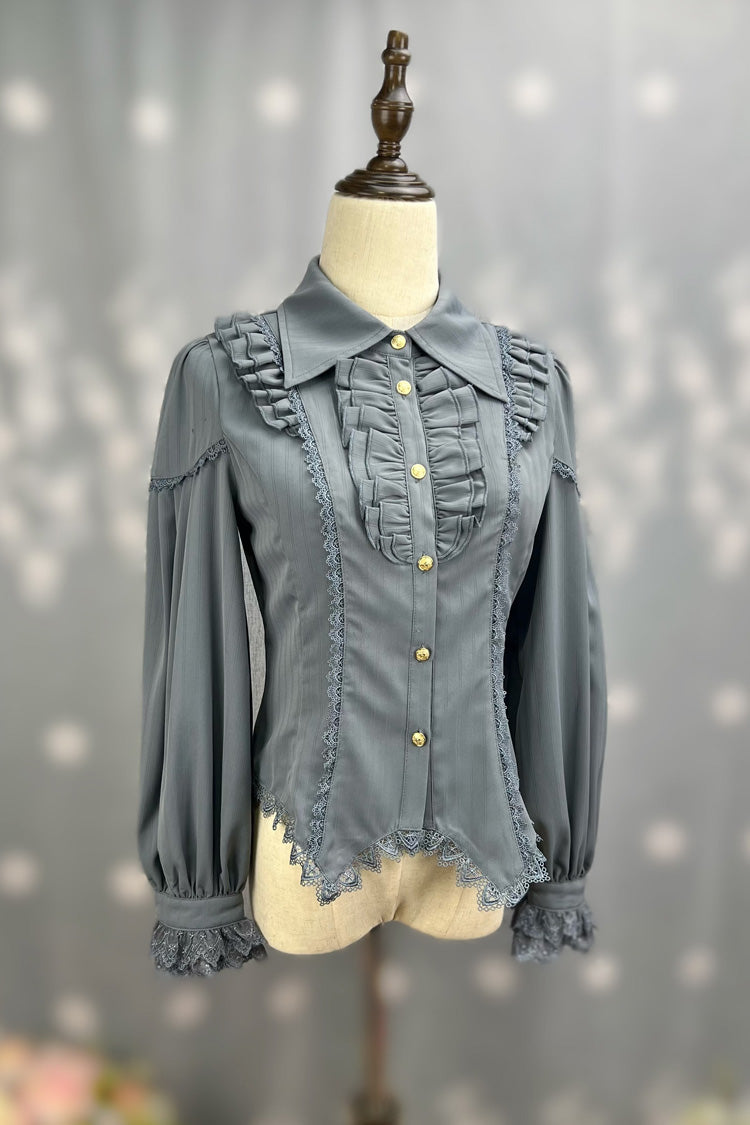 [Late Night] Lapel Collar Long Sleeves Ruffle Lace Slim Sweet Lolita Blouse 6 Colors - Product - 5