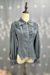 [Late Night] Lapel Collar Long Sleeves Ruffle Lace Slim Sweet Lolita Blouse 6 Colors - Product - 5