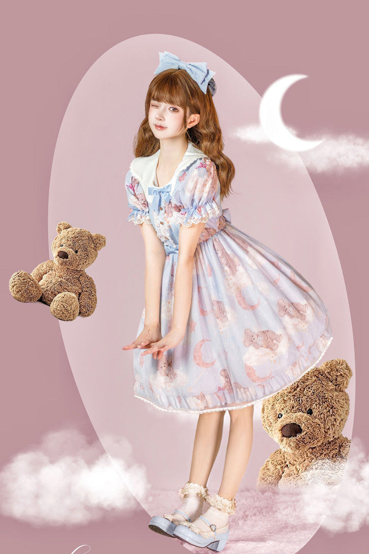 Star Wishing Bear Print Short Sleeves Bowknot Sweet Lolita Dress 2 Colors - Product - 5