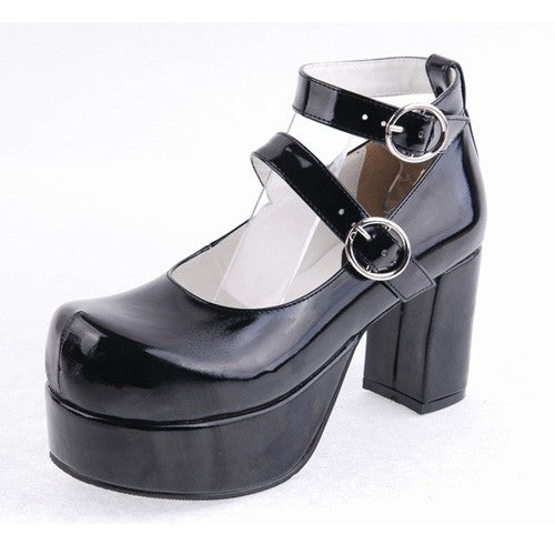 Black Synthetic Leather Round Toe Cross Straps Platform Lolita Shoes - Product - 5