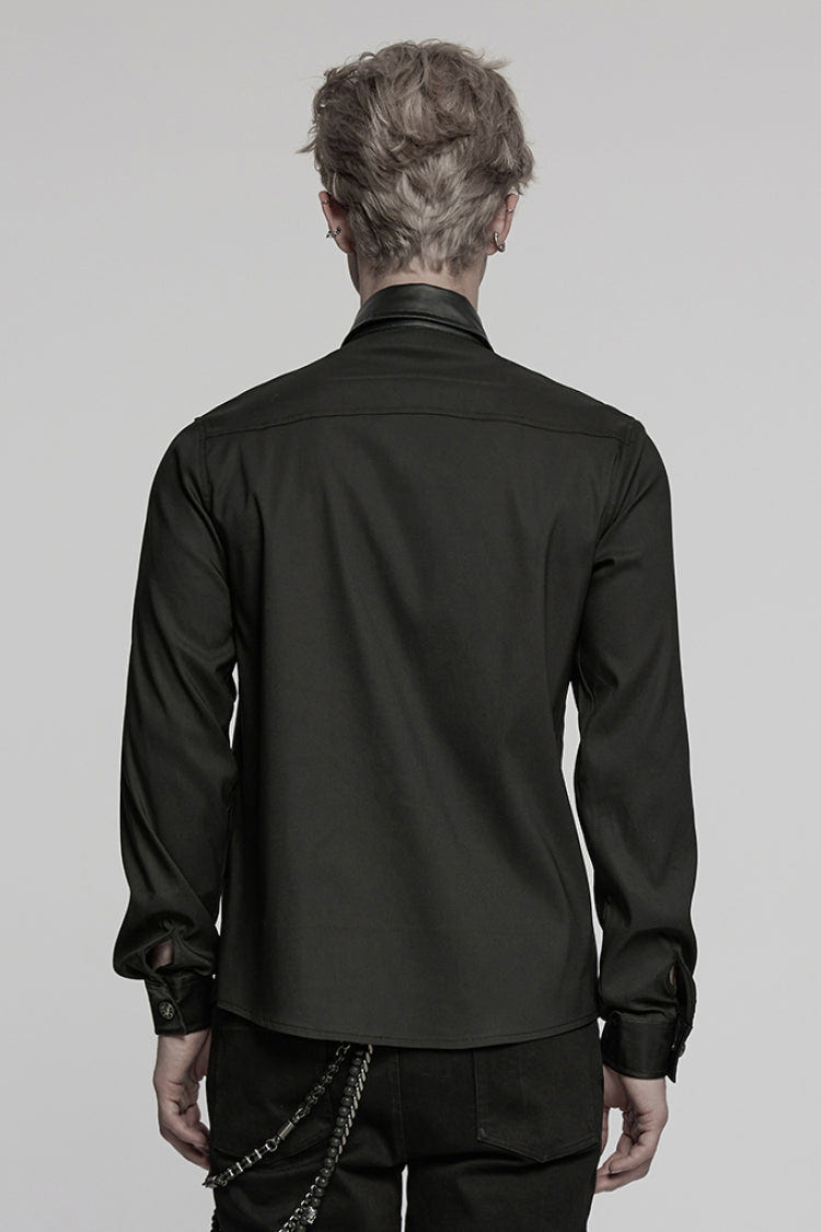 Black Lapel Collar Long Sleeves Faux Leather Stitching Buckle Men's Punk Blouse - Product - 3