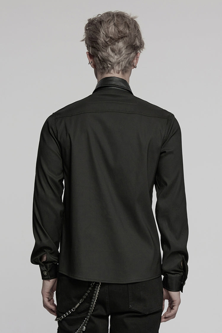 Black Lapel Collar Long Sleeves Faux Leather Stitching Buckle Men's Punk Blouse - Product - 3