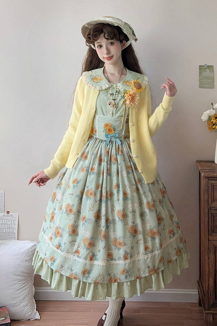 Green [Gardening Sunflower] Sleeveless Print Ruffle Bowknot Sweet Elegant Uplift Lolita Jsk Dress - Product - 8
