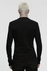 Black Round Collar Long Sleeves Buckled Strappy Pleated Eyelet Men's Punk Top - Product - 3