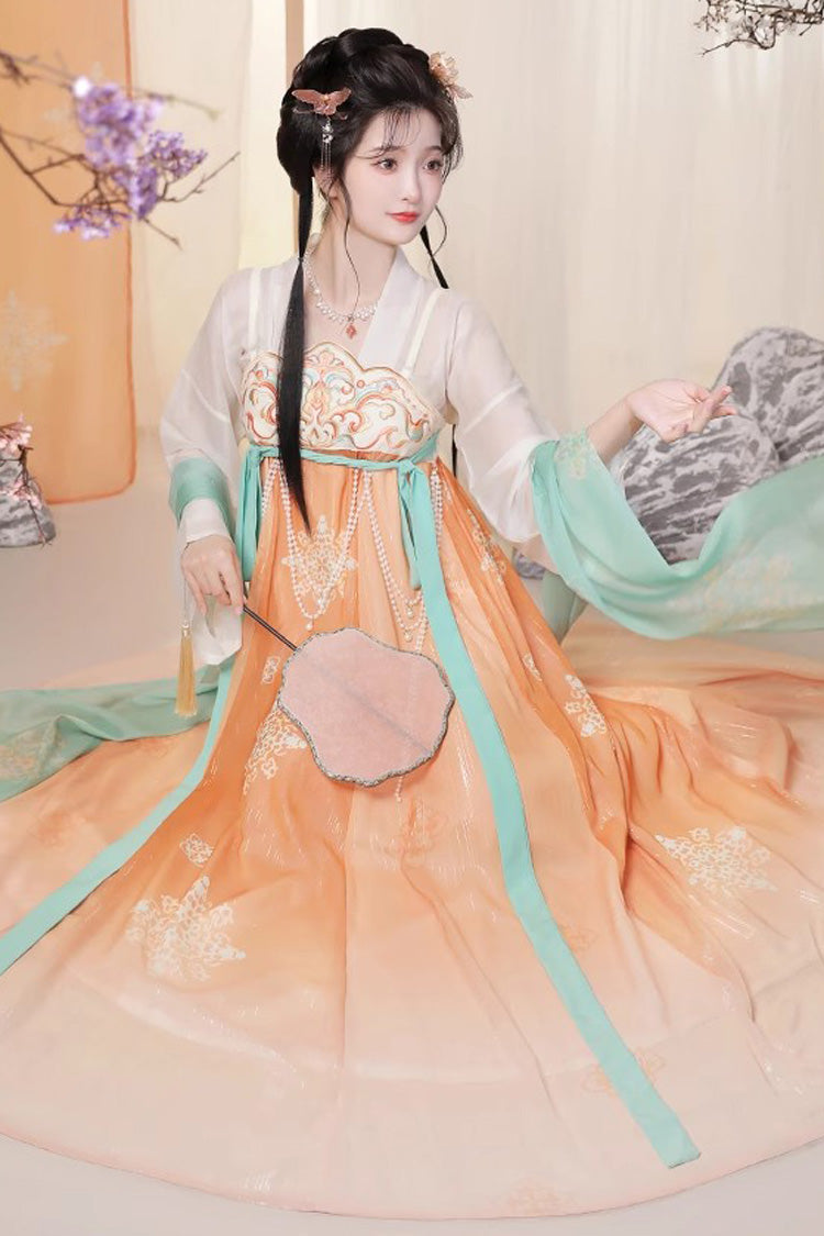 Orange Chinese Style <Springtime Greeting> Embroidery High Waisted Long Trumpet Sleeves Hanfu Dress - Product - 2