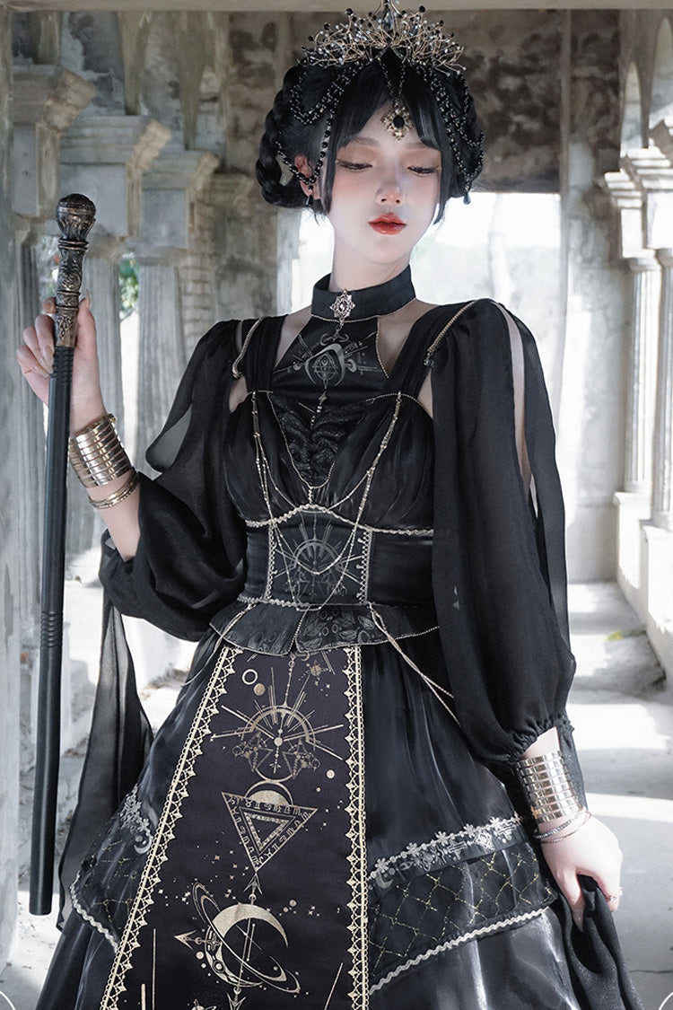 Black [Nightmare of Horus] Print Ruffle Hot Stamping Gothic Gorgeous Lolita Jsk Short Dress - Product - 8