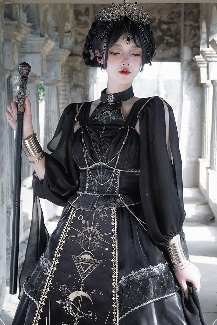 Black [Nightmare of Horus] Print Ruffle Hot Stamping Gothic Gorgeous Lolita Jsk Short Dress - Product - 8