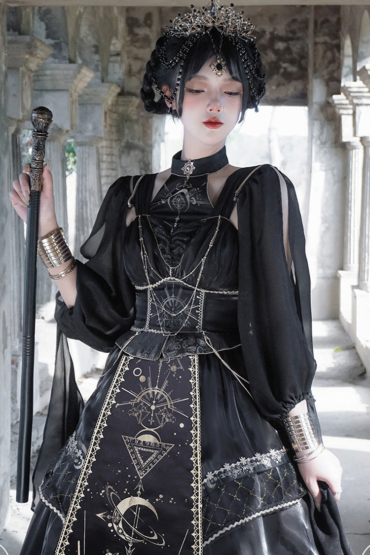 Black [Nightmare of Horus] Print Ruffle Hot Stamping Gothic Gorgeous Lolita Jsk Short Dress - Product - 8