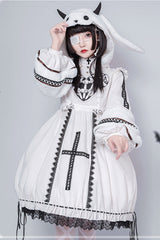 Beige Detachable Hat High Neck Woolen Cuffs Demon Rabbit Gothic Lolita OP Dress - Product - 3