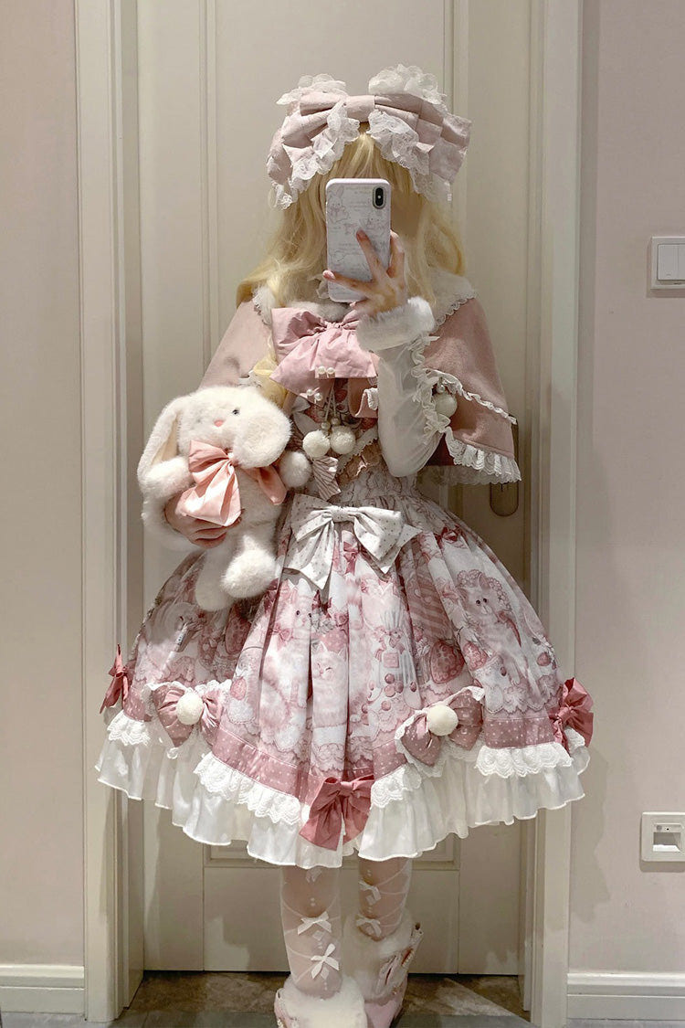 Pink [Sweet Dessert Cat] Print Ruffle Bowknot Lace Sweet Princess Lolita Dress Set - Product - 3