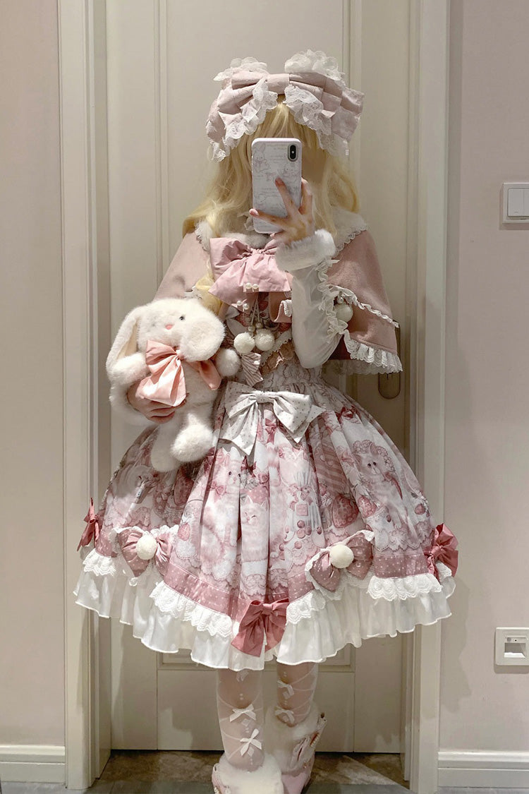 Pink [Sweet Dessert Cat] Print Ruffle Bowknot Lace Sweet Princess Lolita Dress Set - Product - 3