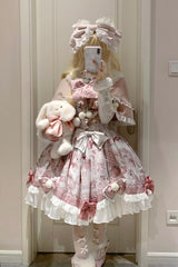 Pink [Sweet Dessert Cat] Print Ruffle Bowknot Lace Sweet Princess Lolita Dress Set - Product - 3