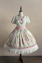 Pink/Green [Bamboo Rabbit] Peter Pan Collar Short Sleeves Printed Ruffled Embroidered Bow Sweet Lolita Dress - Product - 15