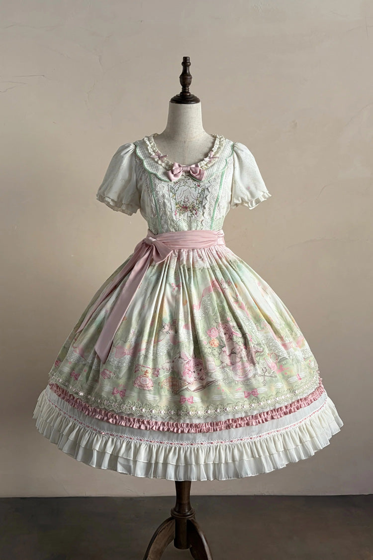 Pink/Green [Bamboo Rabbit] Peter Pan Collar Short Sleeves Printed Ruffled Embroidered Bow Sweet Lolita Dress - Product - 15