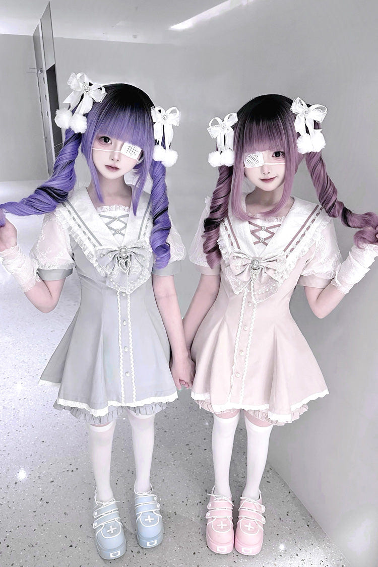 Sweet Short Sleeves Print Bowknot Jirai Kei Japanese Dress Set 3 Colors - Product - 10