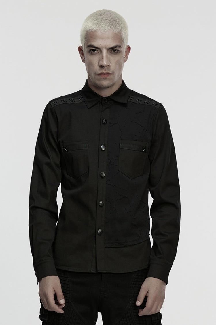 Black Lapel Collar Long Sleeves Ripped Men's Punk Blouse - Black - 1