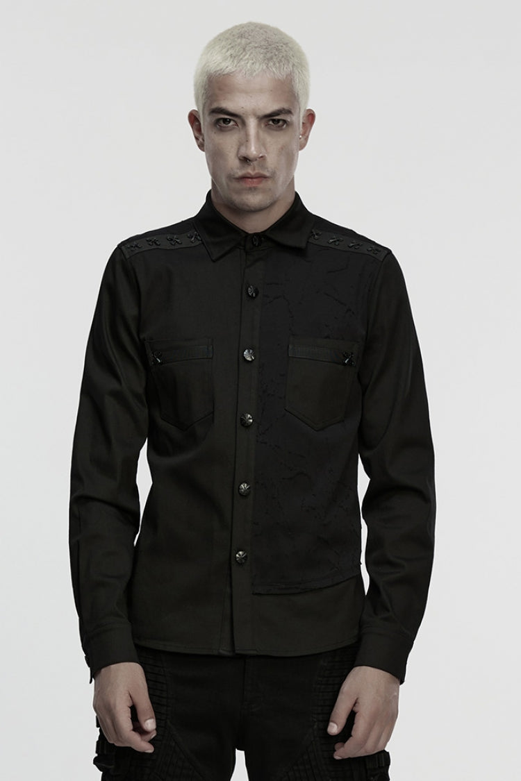 Black Lapel Collar Long Sleeves Ripped Men's Punk Blouse - Black - 1