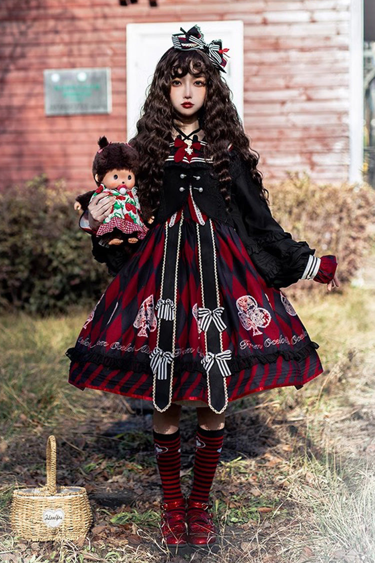 Black/Red Heart Print Bowknot Sweet Princess Alice Lolita Jsk Dress - Black/Red - 1