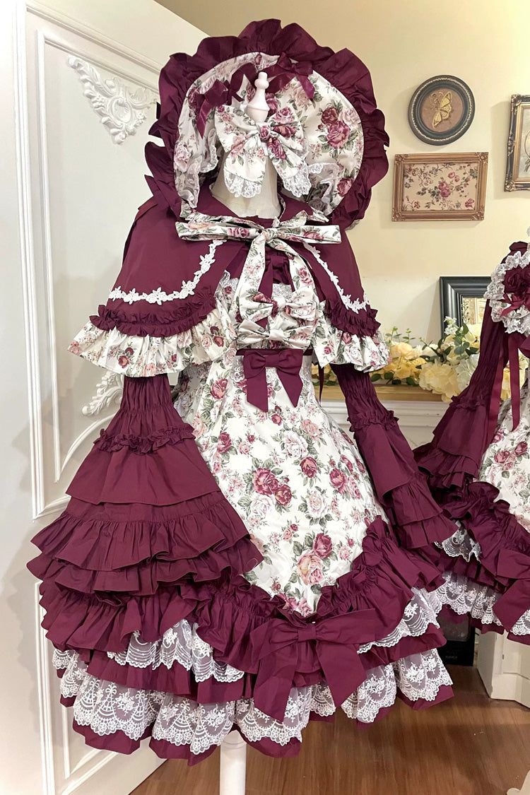 Burgundy Rose Flower Wall Printed Off Shoulder Sleeveless Ruffled Bow Lace Gothic Lolita Jsk Dress - Product - 19