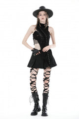 Black High Collar Sleeveless Irregular Asymmetric Lace-Up Eyelet Women's Punk Ripped Tank Top - Product - 9