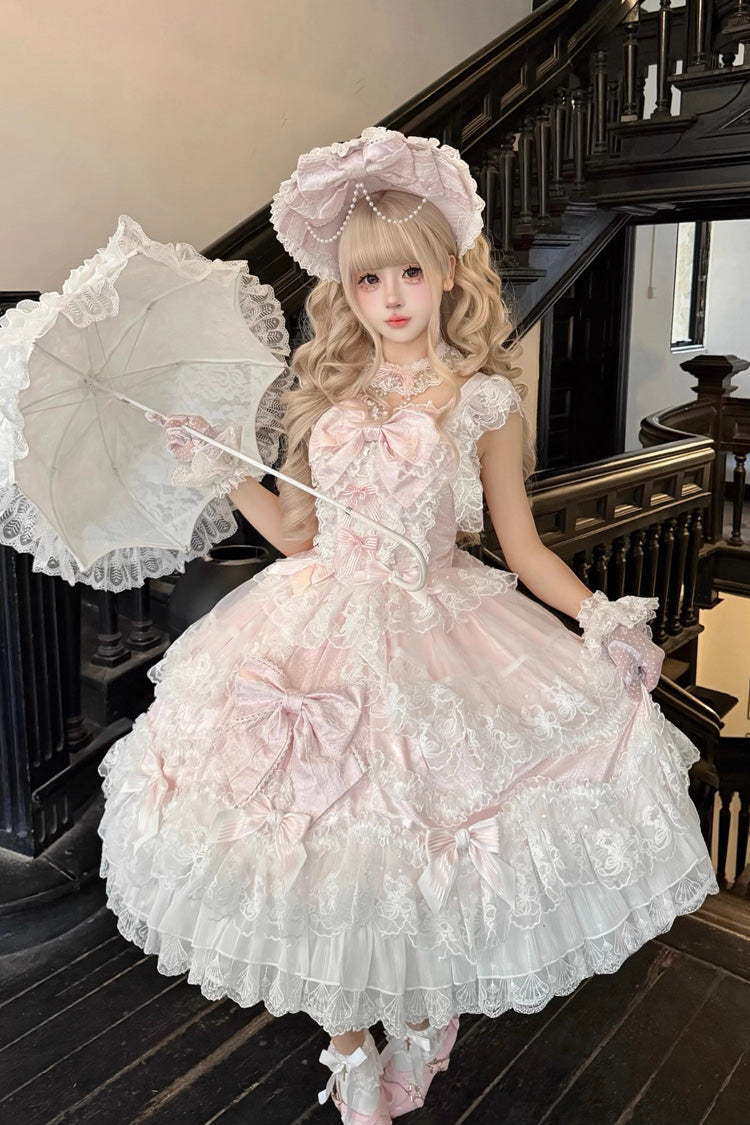 Pink [Sakura Dream Romance] Sleeveless Multi-Layered Ruffled Hanayome Bow Lace Sweet Princess Lolita Jsk Dress - Product - 7