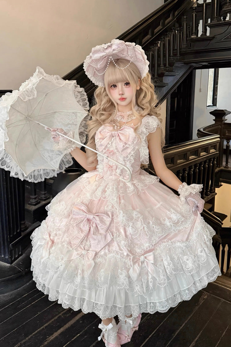 Pink [Sakura Dream Romance] Sleeveless Multi-Layered Ruffled Hanayome Bow Lace Sweet Princess Lolita Jsk Dress - Product - 7