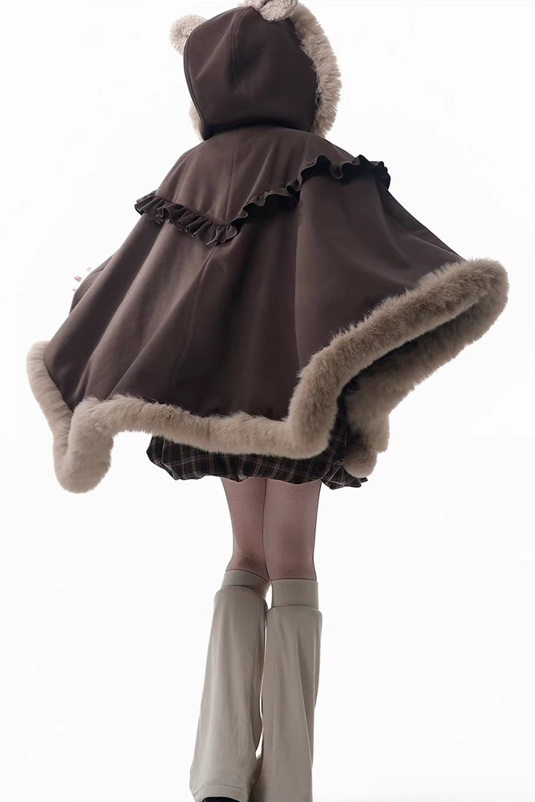 Brown [Fluffy Little Bear] Plaid Printed Ruffled Bow Sweet Lolita Strap Dress - Product - 10
