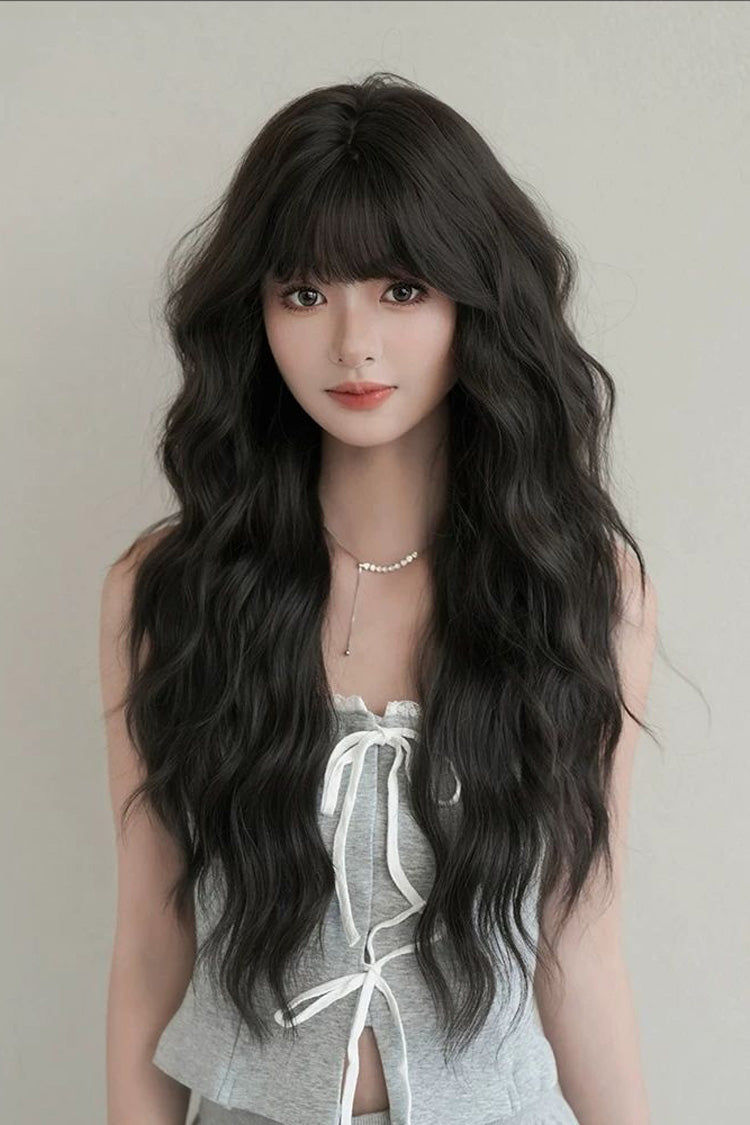 Korean Fluffy Long Water Wave Sweet Lolita Wig with Thin Air Bangs 3 Colors - Black-Brown - 1