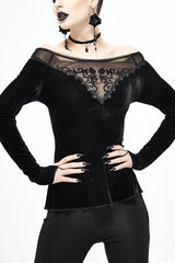 Black Velvet Off Shoulder Long Sleeve Mesh Collar Chest Flocking Pattern Women's Punk T-Shirt - Black - 1